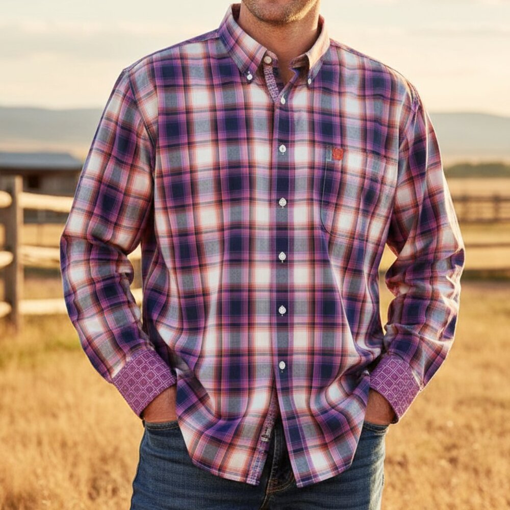 Cinch Shirt Men's XL Button Front Long Sleeve‎ Western Flip Cuff Purple Plaid